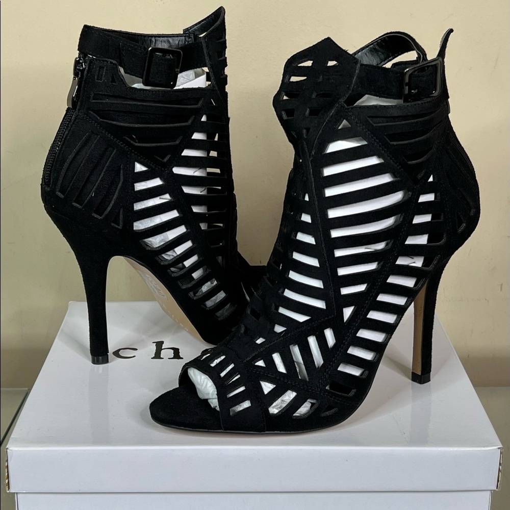 Chelsea & Zoe Black Suede Cut out Heel